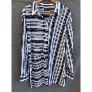 Chicos Shirt Womens 4 (XXL) White Navy Travelers Semi Sheer Button Up Blouse